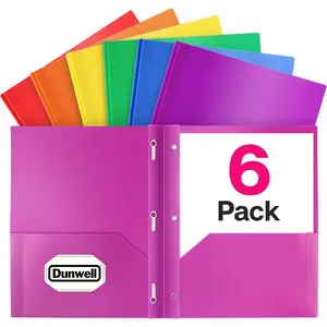 Plastic 2 Pocket Folders with 3 Prongs, (6 Pack, Assorted Colors), 3-Clasp Folders with Fasteners, Tear-Resistant, Long Lasting Acid-Free Poly, Includes Labels