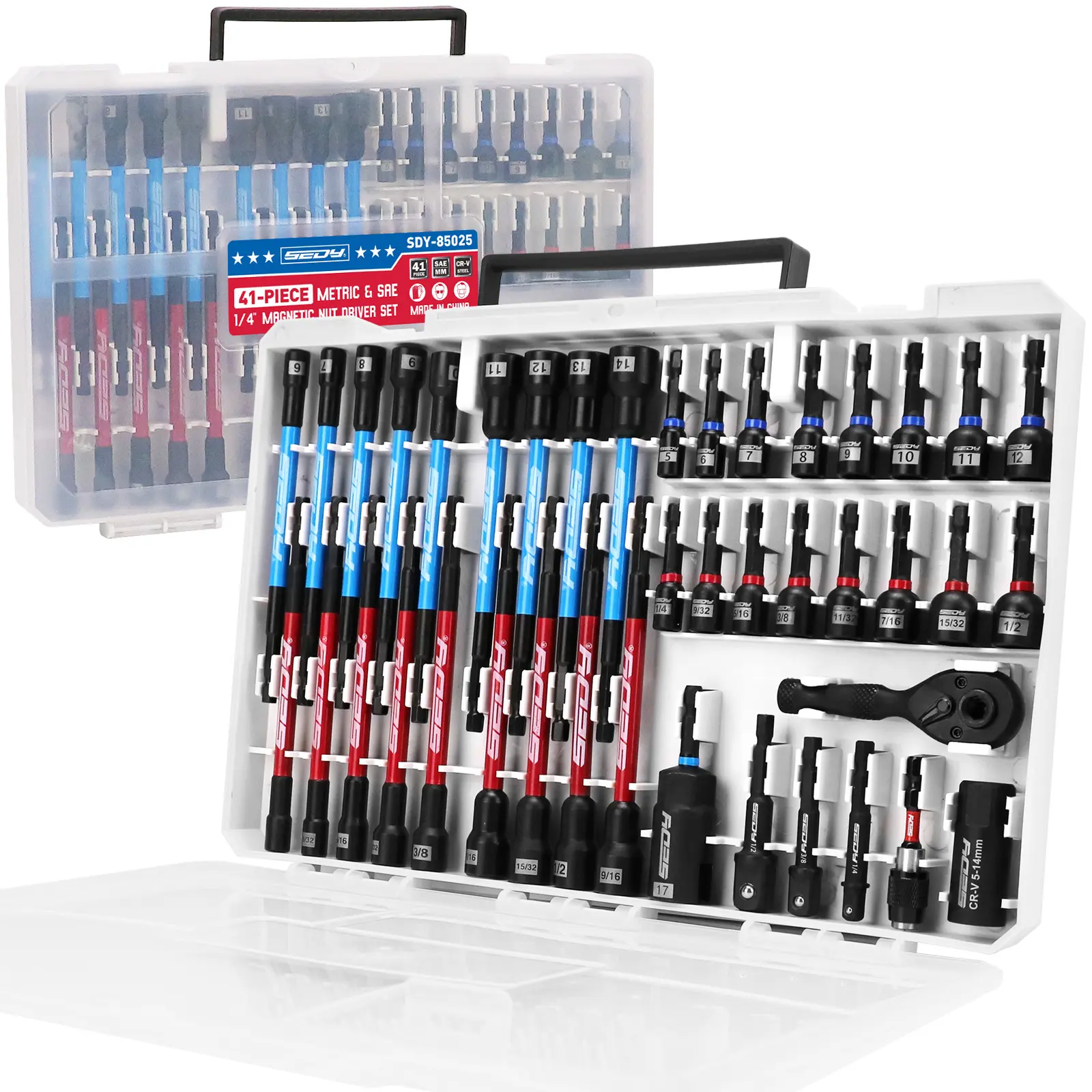 SEDY 41-Piece Premium 1/4"-Drive Magnetic Impact Multi-Tip Nut Driver Set - Metric & SAE, Hex-Shank Nut Drivers, Socket Adapters, 2-in-1 Ratchet Wrench, Universal Sockets, Quick-Release Bit Holder, Durable Strength, Work Tools, Christmas Gift, Tools And G