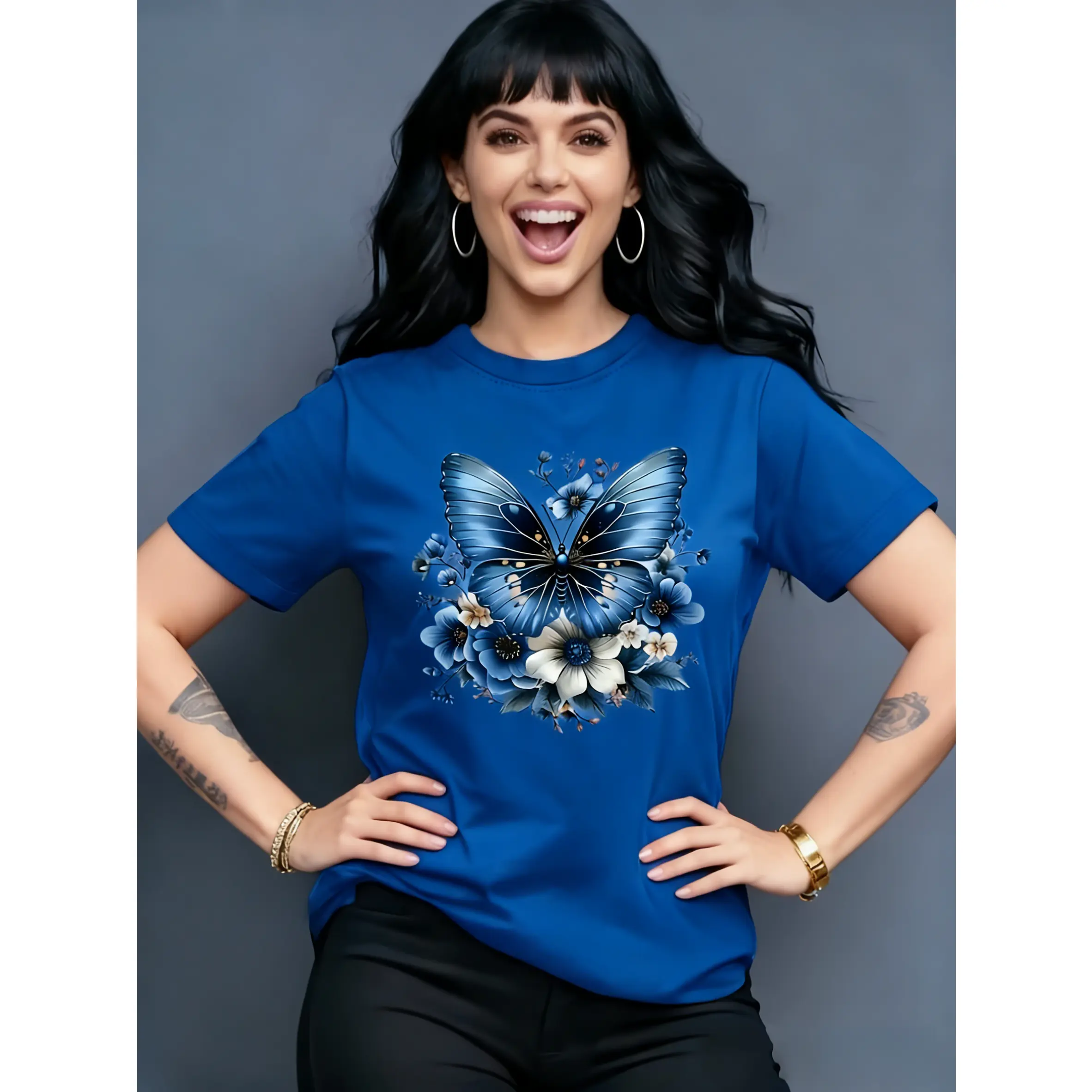 Women's 100% Cotton Smooth Fabric Short-Sleeve Round-Neck T-Shirt - Butterfly & Flower Print Casual Tee for Spring & Summer, Ideal Birthday & Holiday Gift