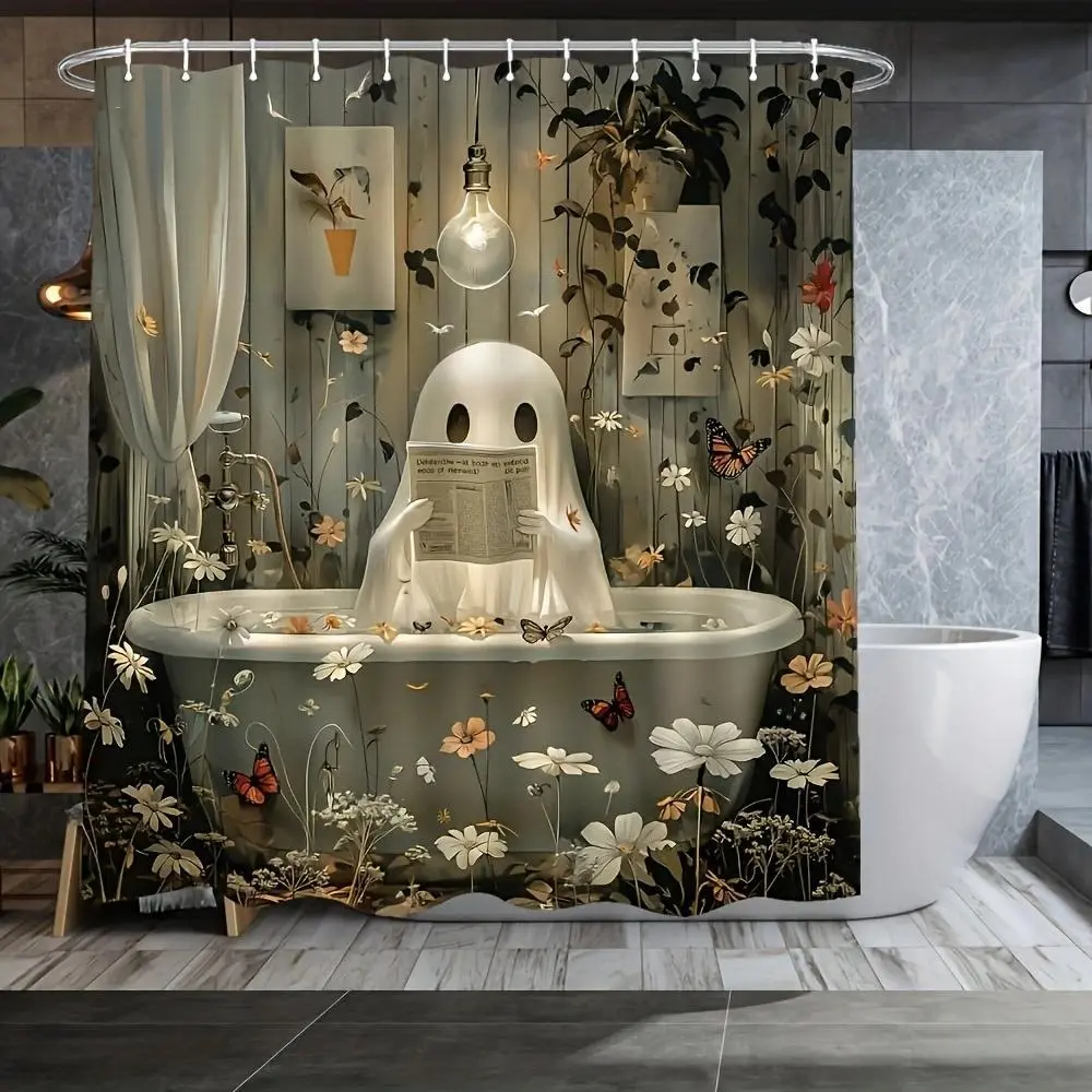 Halloween cute ghost newspaper pattern Print, cute ghost bathtub design Printed shower curtain, Decorative shower curtain, waterproof, wear-resistant, easy to clean, machine washable, multiple sizes, bathroom decoration, send hook