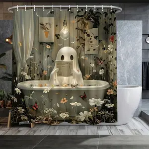 Halloween cute ghost newspaper pattern, The cute ghost in the bathtub design shower curtain, waterproof, wear-resistant, easy to clean, machine washable, multiple sizes, perfect for bathroom decoration, send shower curtain hook