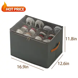 Foldable Shoe Storage Organizer Box Bin Fabric Closet Shoe Storage Bin with Clear Cover Adjustable Dividers Reinforced Handles Space Saving Durable Household Shoe Container for Home Bedroom Entryway