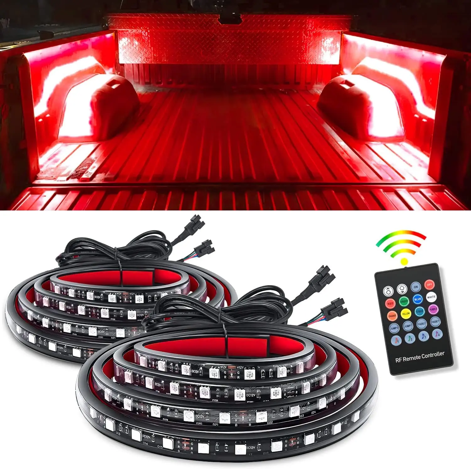 Nilight 2PCS 60-Inch RGB LED Truck Bed Light Strip Kit - 180 LED RF Remote, On-Off Switch with Blade Fuse, 2-Way Splitter, Extension Cable, Adjustable Brightness, Waterproof Lights for Pickup Cargo, Rgb Led Lights