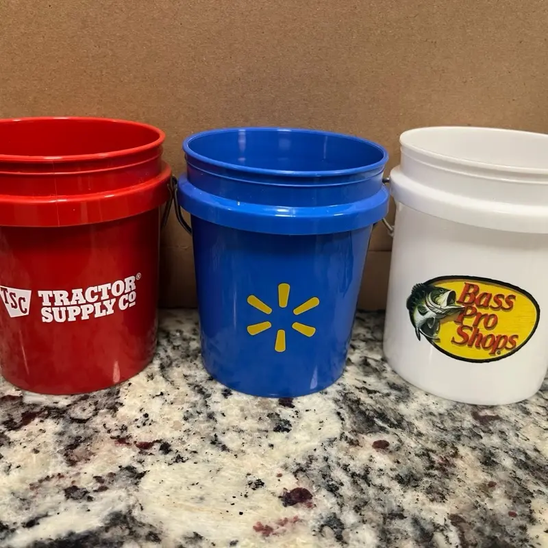 Murphy Mania strikes again! 3-pack of mini buckets - Walmart Blue, BassProShops white, Tractor Supply Red! NEW - no lids.