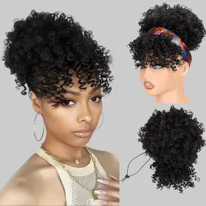 Drawstring Ponytail for Black Women, Afro Puff Kinky Curly Hair Ponytail Extension with Bangs Black Updo Natural Hair Ponytail 1B Natural Black