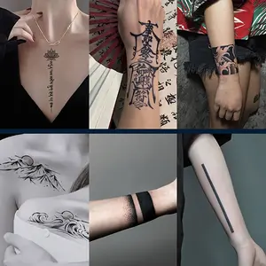 A Set of 6 Large Pattern Herbal Tattoo Stickers Containing Lotus, Text, Cherry Blossoms, Mountains and Seas, Line Elements and Other Styles, Lasting for 7-15 Days, Waterproof and Hard-Wearing, Realistic Effect, Suitable for People Who Are Afraid of Pain a