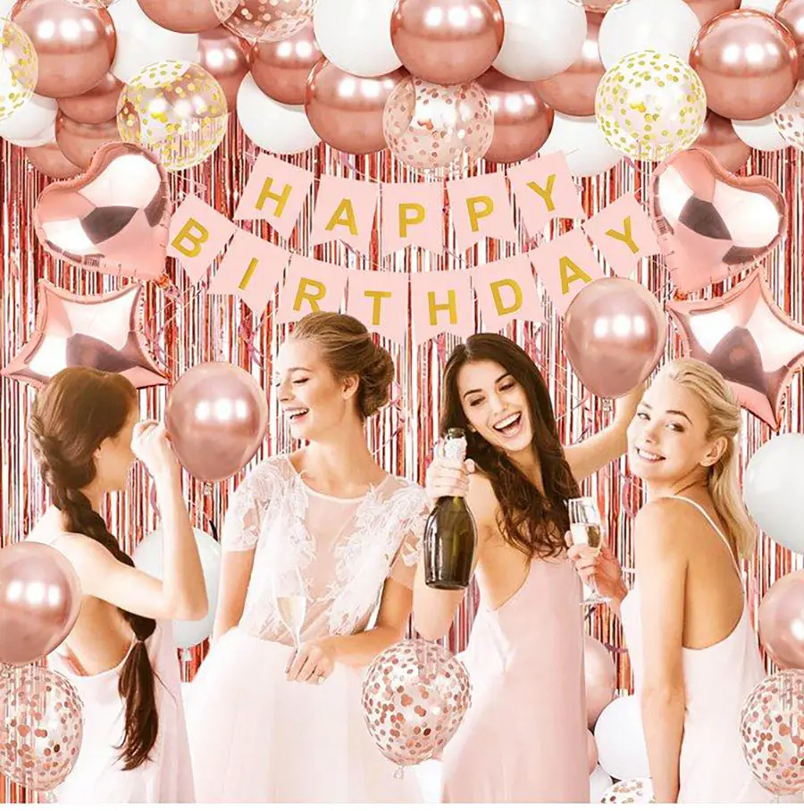 Elegant Balloon Decoration Set for Birthdays Blue Silver & Rose Gold Includes Foil Curtain Heart & Confetti Balloons Perfect for Surprise Parties Summer Gatherings & Baby Showers