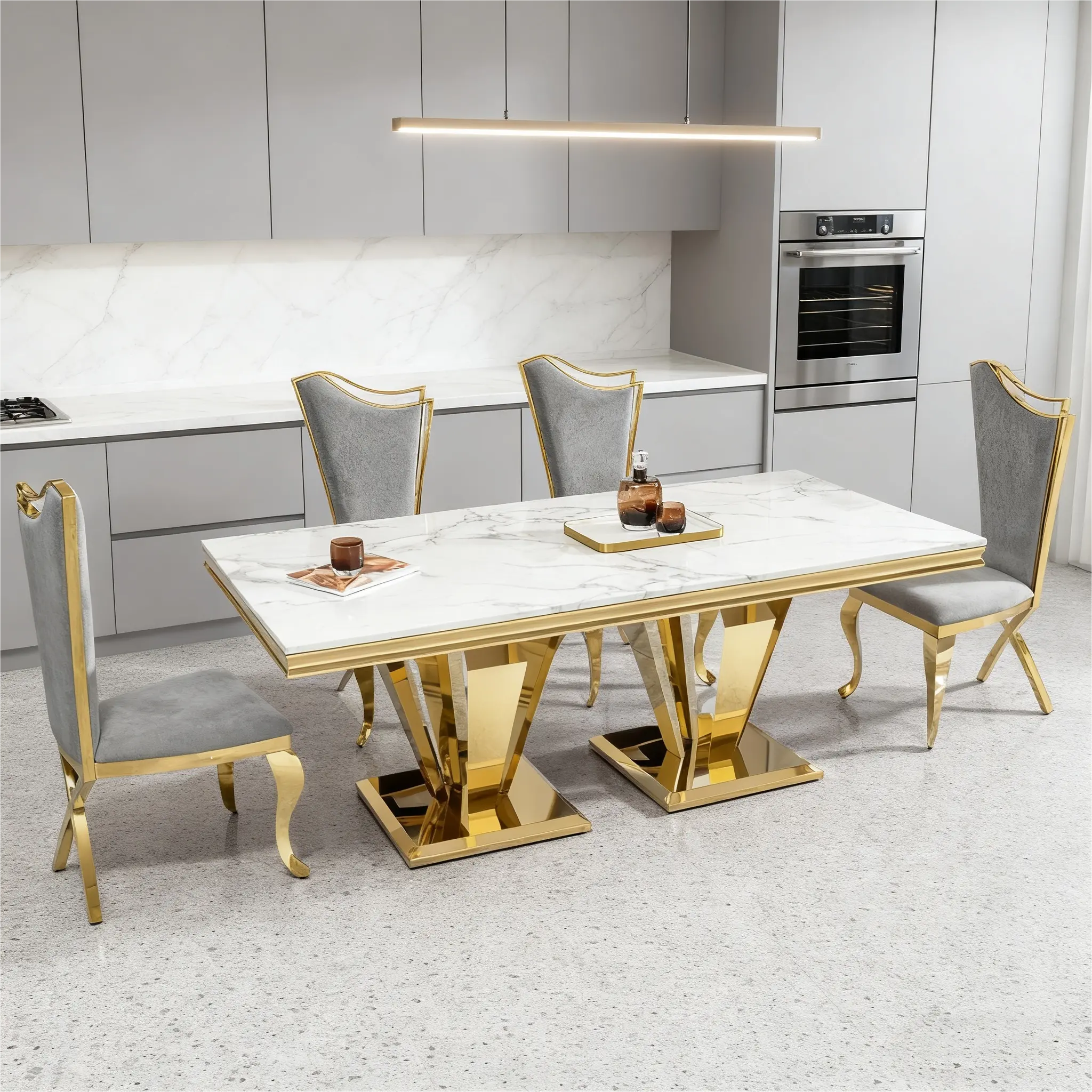 67" Luxury Faux Marble Dining Table for 6 Modern Rectangle Kitchen Table with White Marble Desktop and Gold Stainless Steel Base Sturdy Fashionable Easy Assembly Ideal for Kitchen Dining Room(Table Only)