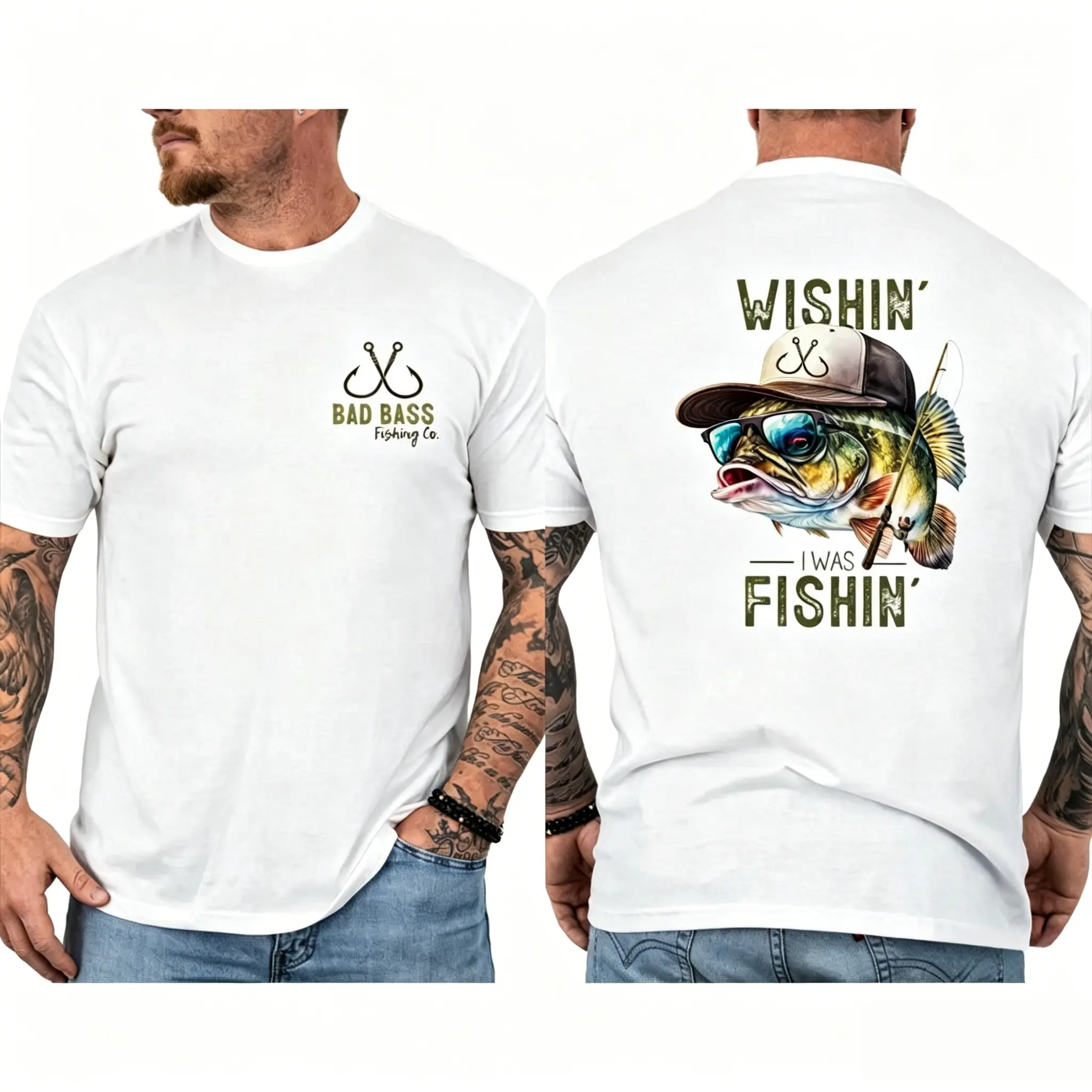 Wishin' I Was Fishin' Bad Bass Fishing Co Front-Back Graphic T-Shirt - Unisex Cotton Men's Top, Outdoor Angler Apparel, Gift for Fishing Lovers (Men, Women), Pair with Streetwear Sneakers, Denim Shorts, Leggings, LK00134TB, Garment