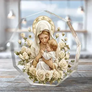 Virgin Mary & Jesus Acrylic Ornament, Hollow Out Design Christian Decor with Golden Halo & White Roses, Ideal Gift for Year-round Display, Religious Decoration, Religious Home Decor