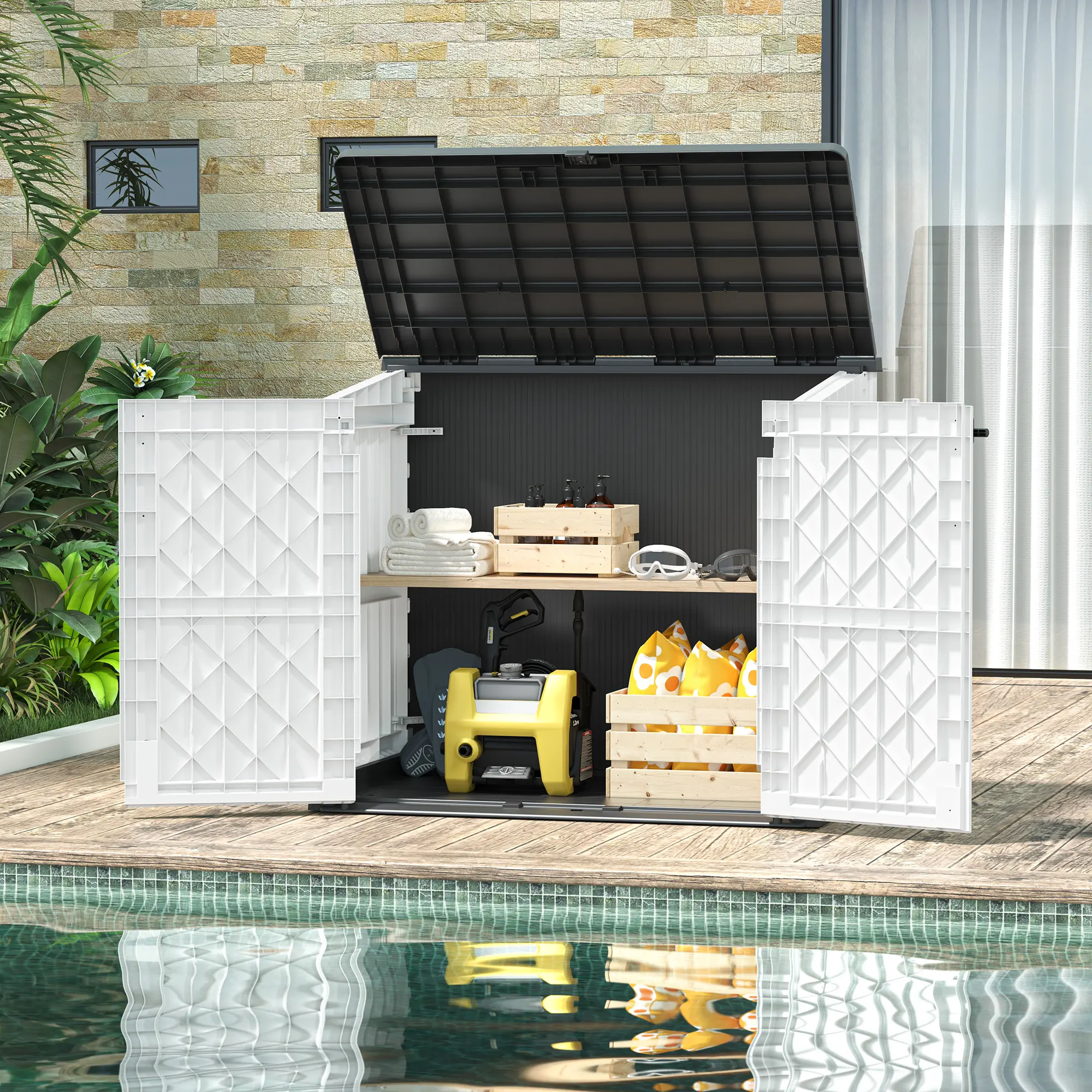 36CU.FT Outdoor Storage Box – Spacious & Secure Resin Storage Unit with Double Doors, Pre-Lock Lid & Foot Pedal Lock for Easy Access – Perfect for Bicycles, Trash Bins, Lawn Mowers & Garden Tools – Waterproof, UV-Resistant White Shelves,Summervibes