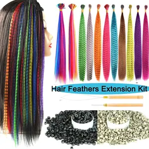 50 Pcs Hair Feathers with Hair Extension Tools,Long Straight Synthetic Hair Feather Extensions Kit with Beads for Women