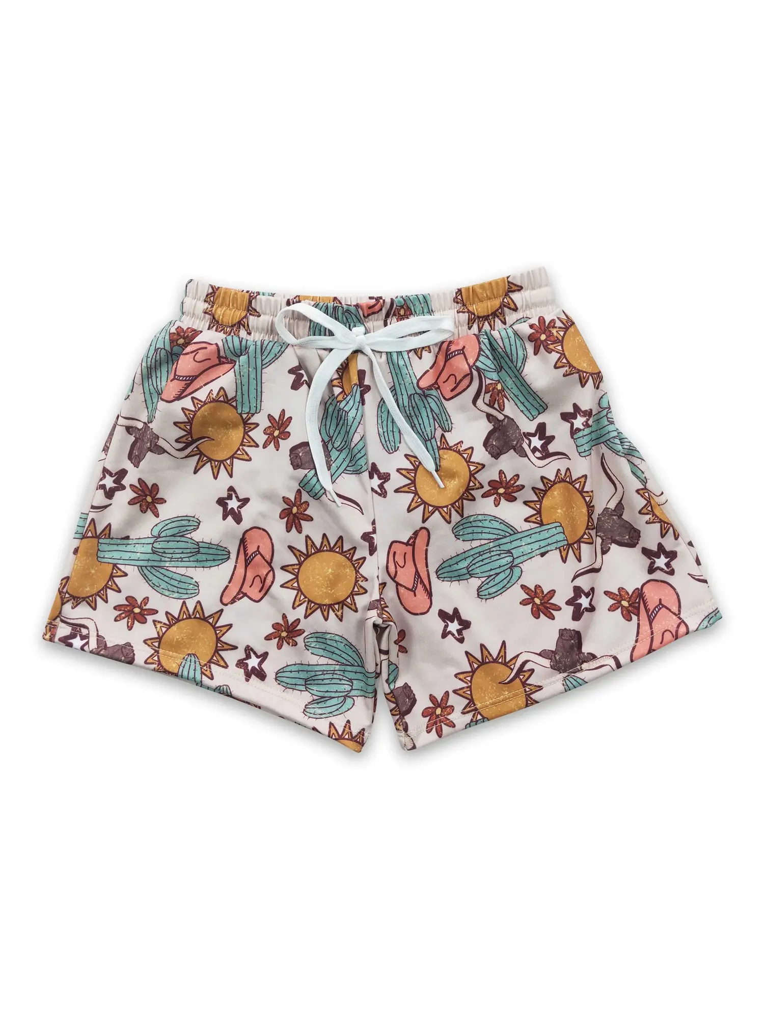Girls' Boy Short Swim Trunks with Western Brown Cactus Print, Comfortable Kids Summer Beach & Pool Swimwear, Girls Jeans
