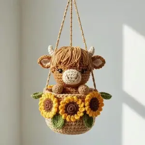 Crochet Highland Cow Car Charm, Sunflower Pot Hanging Decor, Amigurumi Accessory, Boho Farmhouse Decor