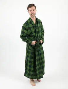 Mens Black & Green Plaid Flannel Robe