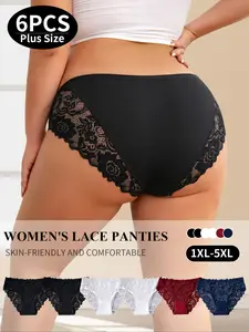 Designed for Real Comfort! 6-Piece Plus Size Set Panties | Elastic Waistband + Breathable Crotch + Soft Lace Trim | Skin-Friendly Fabric for 1XL-5XL | Feel The Difference! Underwear Sets