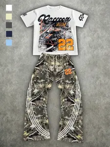 Men's Loose Short Sleeve Top & Tree Stripe Long Pants Set, Soft-touch print, no stiff feeling, Ideal for Daily Leisure, Menswear