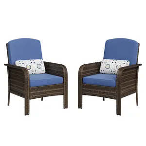 2 Piece Wicker Patio Conversation Set, Grey Gradient Rattan Chairs with Blue Cushions, Modern Outdoor Bistro Set for Small Spaces, Balcony, Poolside & Garden Lounge