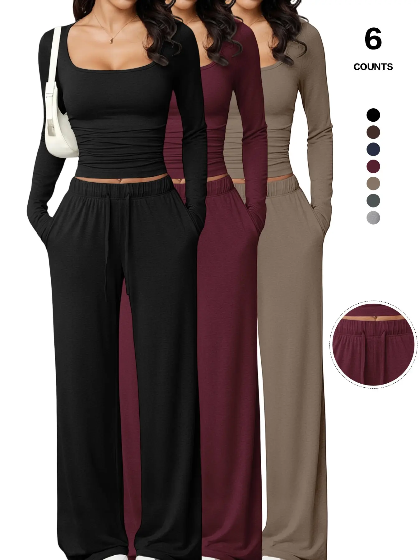 New Women's 2PCS/6PCS Square Neck Long Sleeve Top with Adjustable Drawstring and Pockets, Wide Leg Pants Set, Basic Casual Fashion Style Everyday Home Wear Womenswear Clothes Sets
