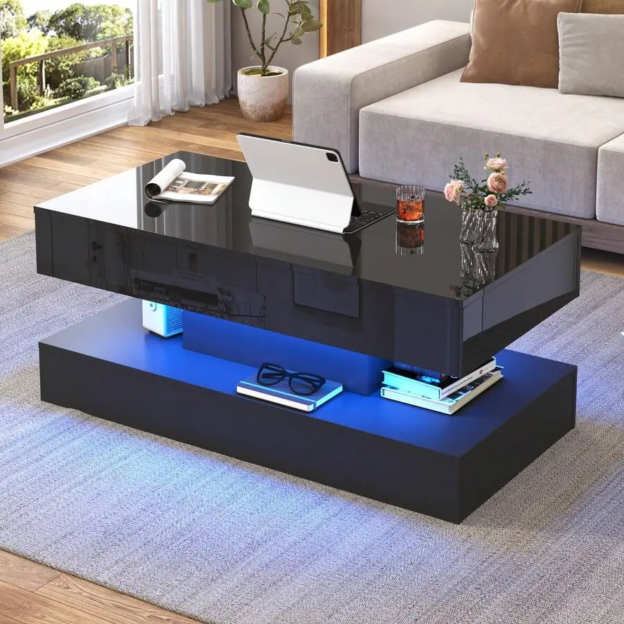 Lift Top Coffee Table with Lift Mechanism, 39.4/47.2in Marble Finish LED Modern High Glossy Center Table, Charging Station, Hidden Compartment Storage for Living Room