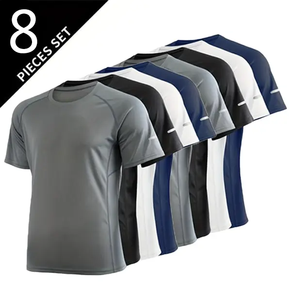 8-Pack Casual Sports Printed Reflective Striped T-Shirts, Breathable Quick Dry Crew Neck Short Sleeve Tops, Moisture-Wicking Running Tees for Gym Training, Suitable for Both Dry & Wet Scenarios