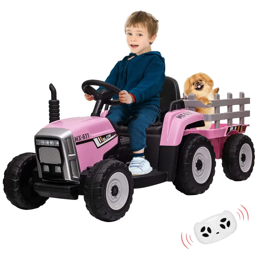 GARVEE 12V Plastic Battery-Powered Toddler Ride-On Tractor (4-6 Years, 66 lbs Max Weight), Pink, Realistic Look, Trailer, Remote Control, LED Lights, 2+1 Gear Shift, MP3 Player, USB/AUX Ports, 1.9-5 mph Max Speed, 25W Motor, Tread Tires