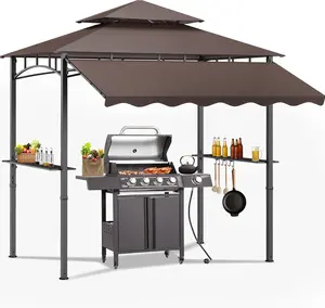 8'X8' Grill   - Heavy Duty Steel Frame, Double Tiered Grill  for Outdoor Grill W/Shelves, Ceiling Hooks, Ground Stakes, Patio Canopys Tent BBQ  Backyard log cabin hardtop gazebo Sturdy Party alloy canopy carport waterproof screen quick set screen tent