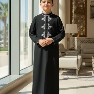 Muslim Traditional Boy Thobe Robe, Silver Color Embroidered Stand Collar, Long Sleeve Side Pockets, Durable Ramadan Celebration Clothing
