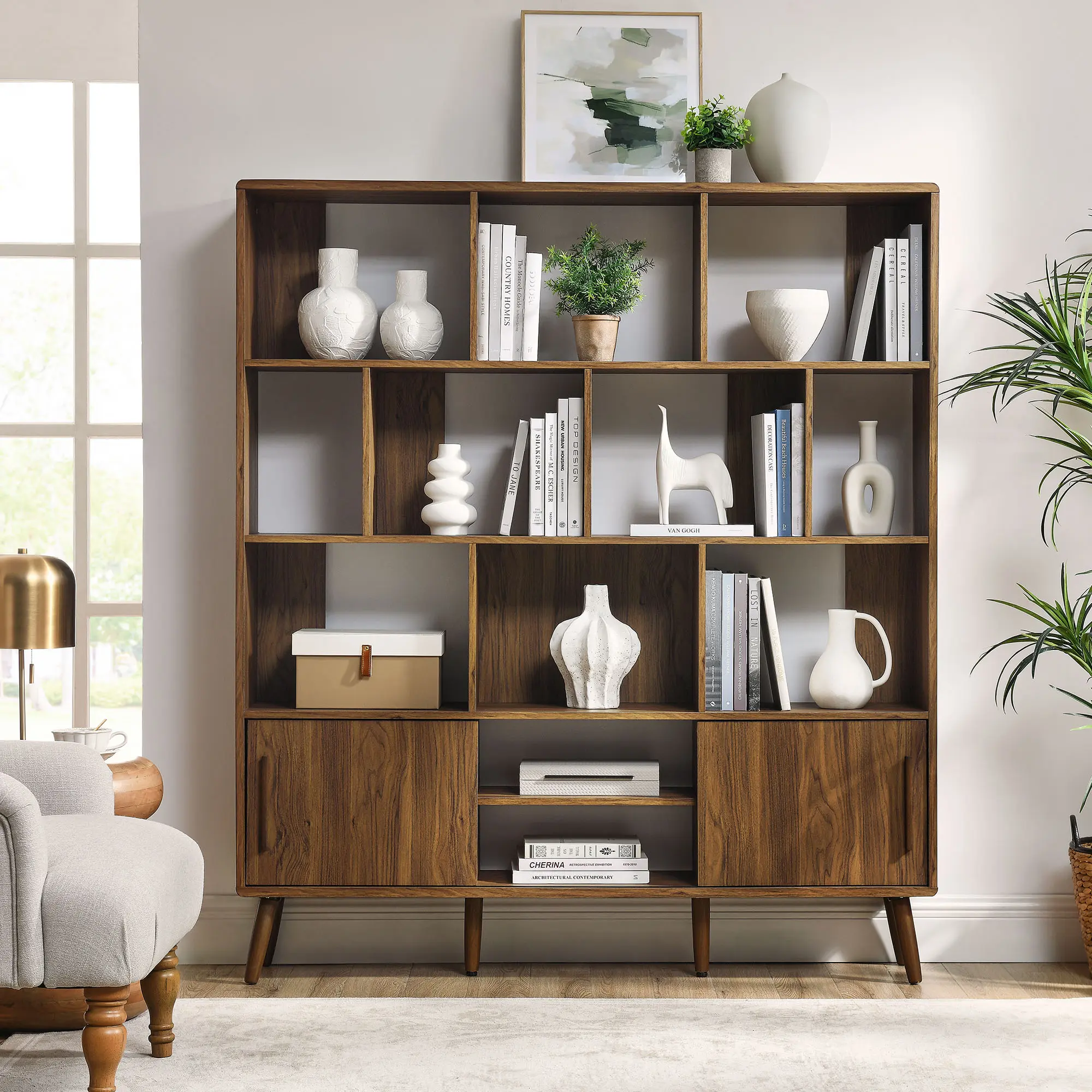 59" Walnut Wood Bookshelf with Sliding Doors - Mid Century Contemporary Furniture, Home Library Organizer for Living Room Indoor Storage