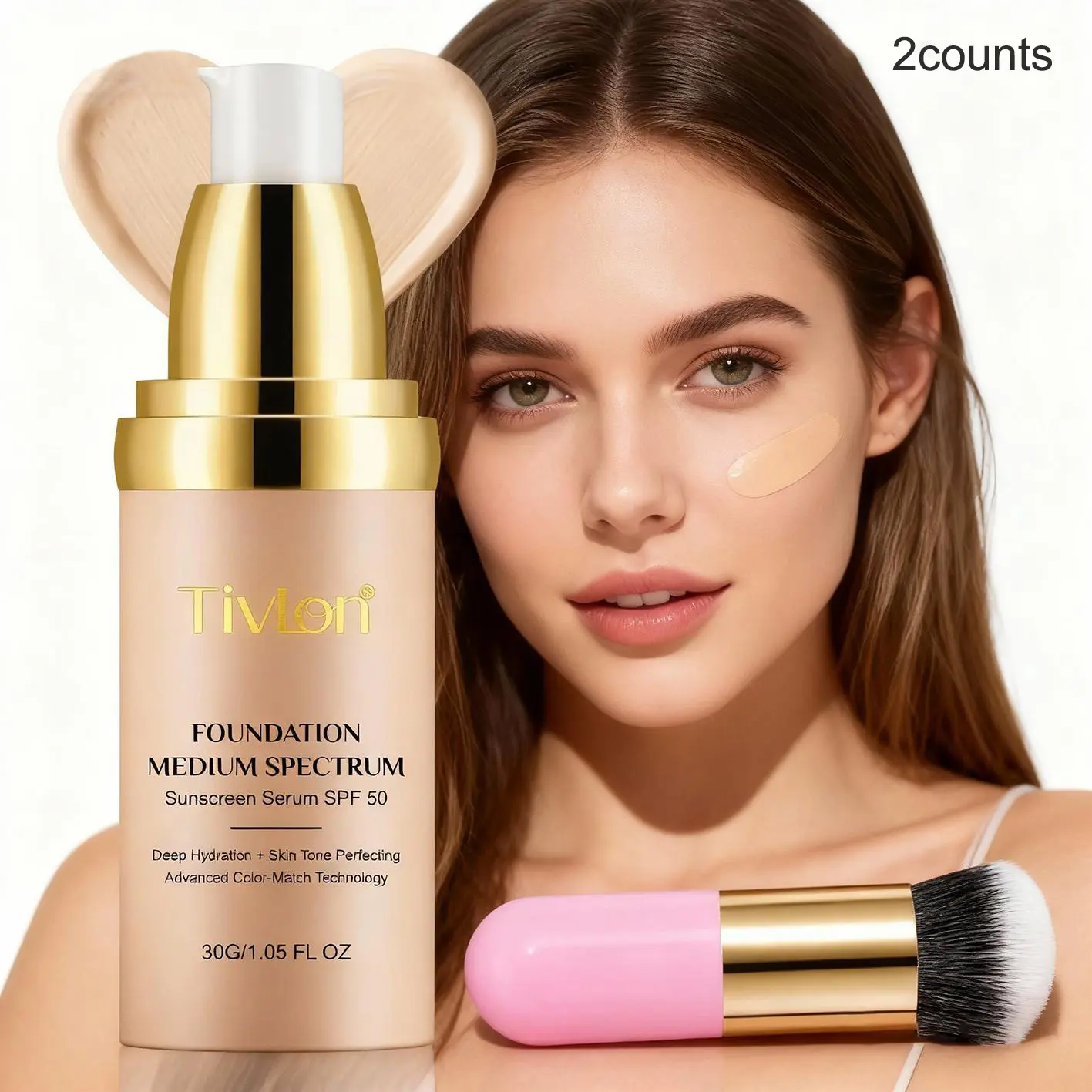 30gtivlon Color Changing Foundation with Brush & Makeup Brush Set Spf50 Sunscreen Essence, Hydrating Flawless Soft Matte Coverage Natural Matte Finish, Concealer Cream, Suitable for Dry Skin