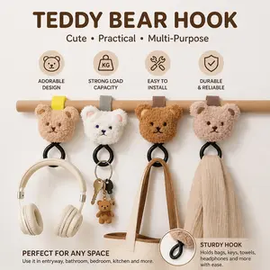 3pcs Cartoon Teddy Bear Plush Hooks, Baby Stroller Hook, Multi-Functional Rack, Wheelchair Clip, Car Clip, Diaper Bag, Grocery Bag, Wallet, Clothes, Shopping Cart Accessory