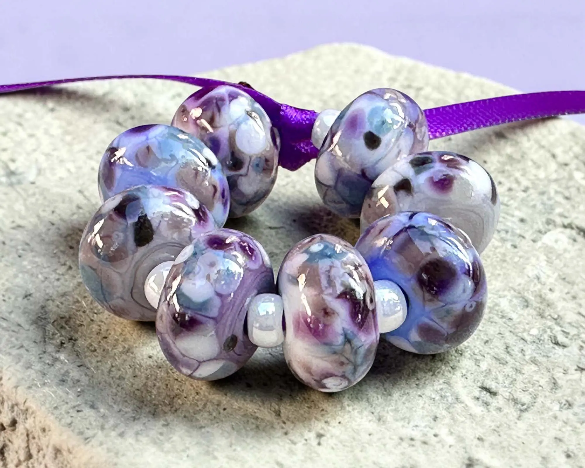 8 Moonlight Mauve Mosaic Lampwork Beads Set SRA