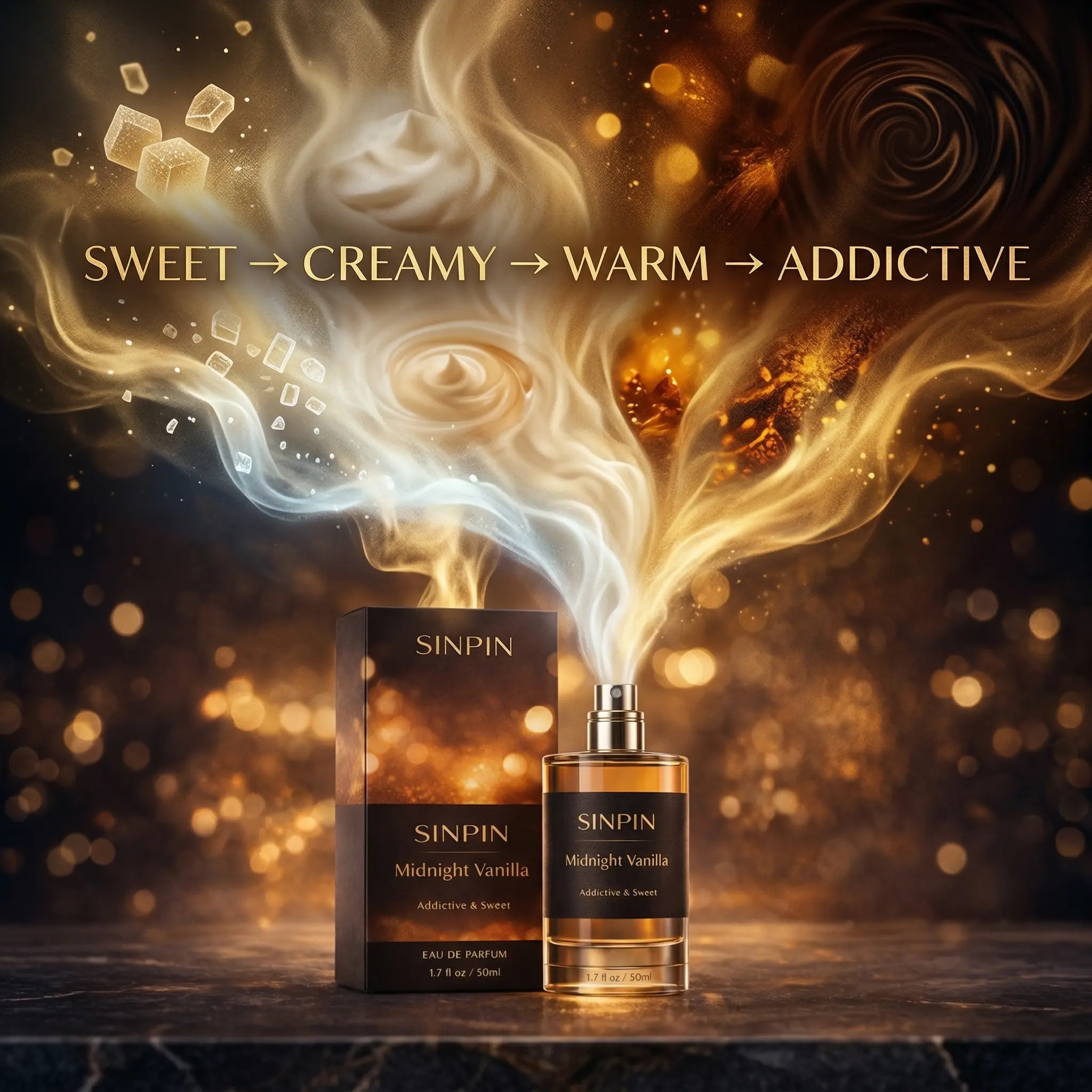 SINPIN Midnight Vanilla Perfume 50ml – Sweet Vanilla Perfume for Women, Caramel Gourmand Fragrance, Long Lasting Warm Amber Scent, Date Night Perfume