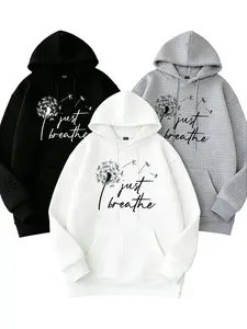 Women's Waffle Knit Hoodies,dandelion Print Waffle Drawstring Hoodies,Casual Long Sleeve Long Sleeve Sweatshirt With Pocket,Women's Clothing Soft Drawstring Hoodie for Casual Vacation & Casual Attire,for All Seasons Women's Clothing
