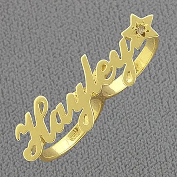 Personalized Solid Gold 2 Finger Script Name Star with a Genuine Diamond Monogrammed Ring NR43