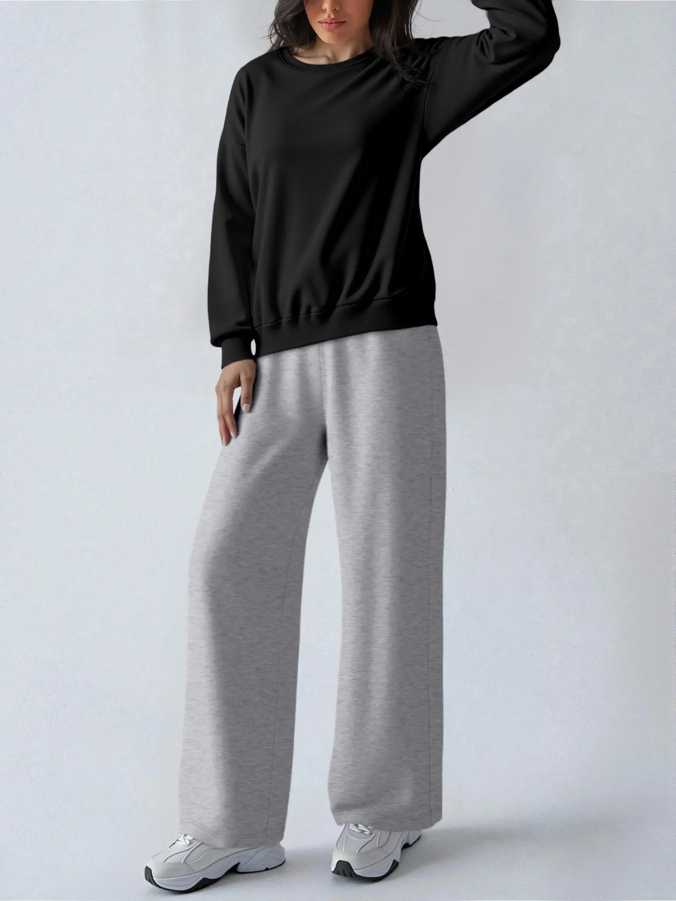 Women's Plain Loose Fit Sweatshirt & Wide Leg Pants Set (2 Piece), Breathable Fabric, Casual Fashion, All Seasons, Daily Wear