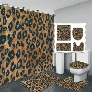Creative Leopard Print Bathroom Curtain Set, Includes Toilet Lid, Bath Mat, Shower Curtain, 12 Plastic Hooks, Modern Home Decor