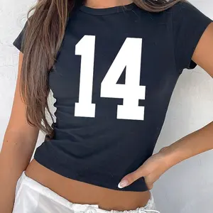 [Sale Up to 35%] Trendy Navy Blue Baby Tee with Number 14 Perfect for Women and Young Adults