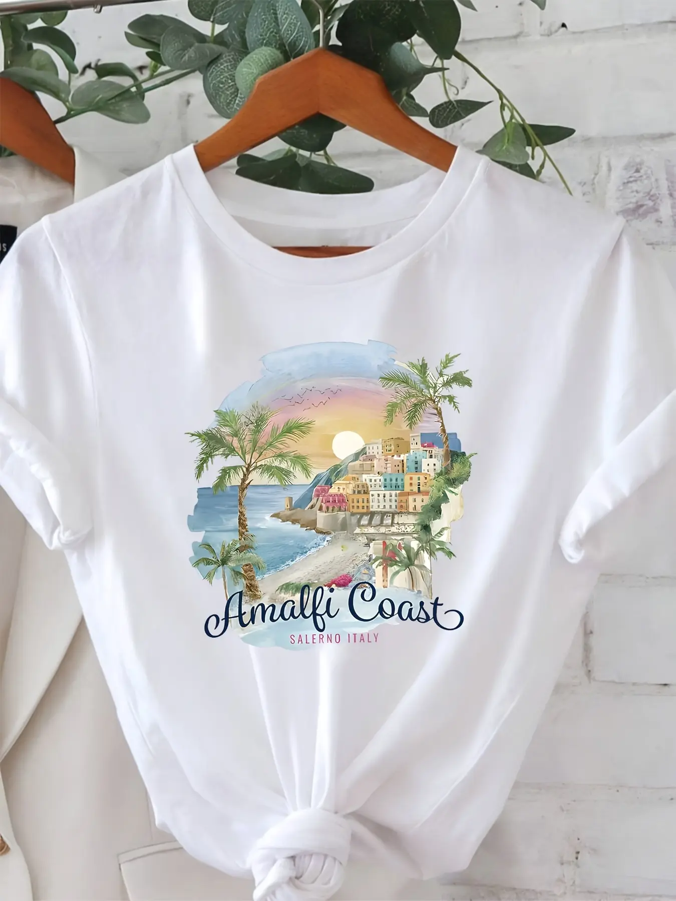 Amalfi Coast Salerno Italy Letter Print T-Shirt, Short Sleeve Crew Neck Casual Top for Summer And Spring, Women'S Clothing