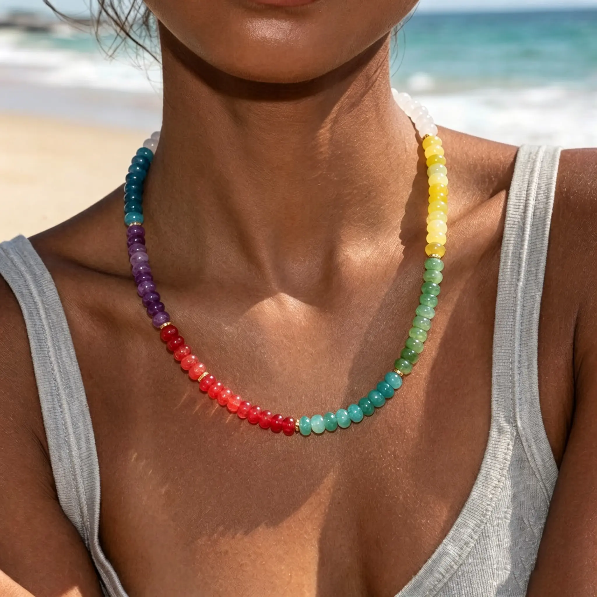 Beaded Gemstone Necklaces for Women, Boho Colorful Bead Choker Necklace, Natural Stone Handmade Summer Jewelry for Beach