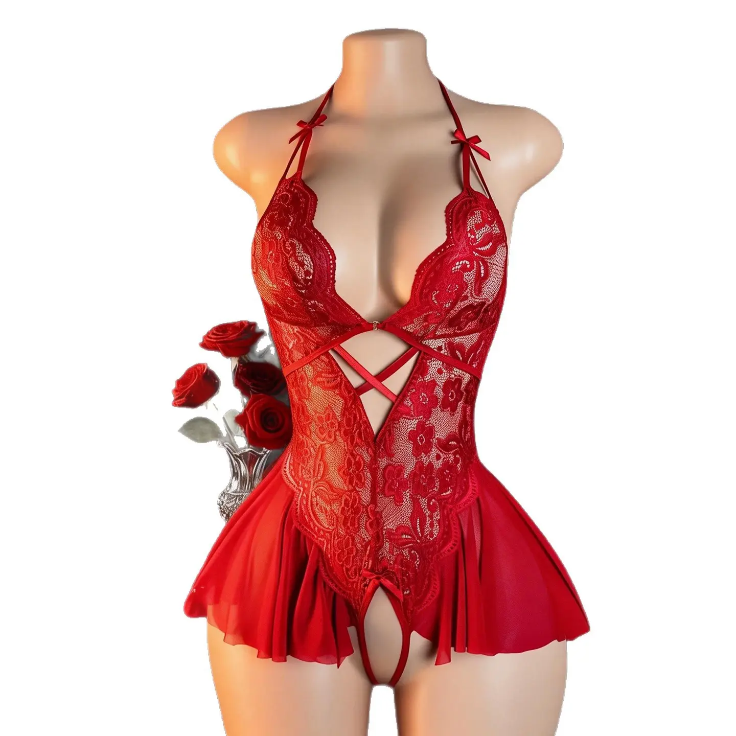 Eclat Noir Bodysuit V-Neck Red & Purple Lace Teddy for Stylish Allure