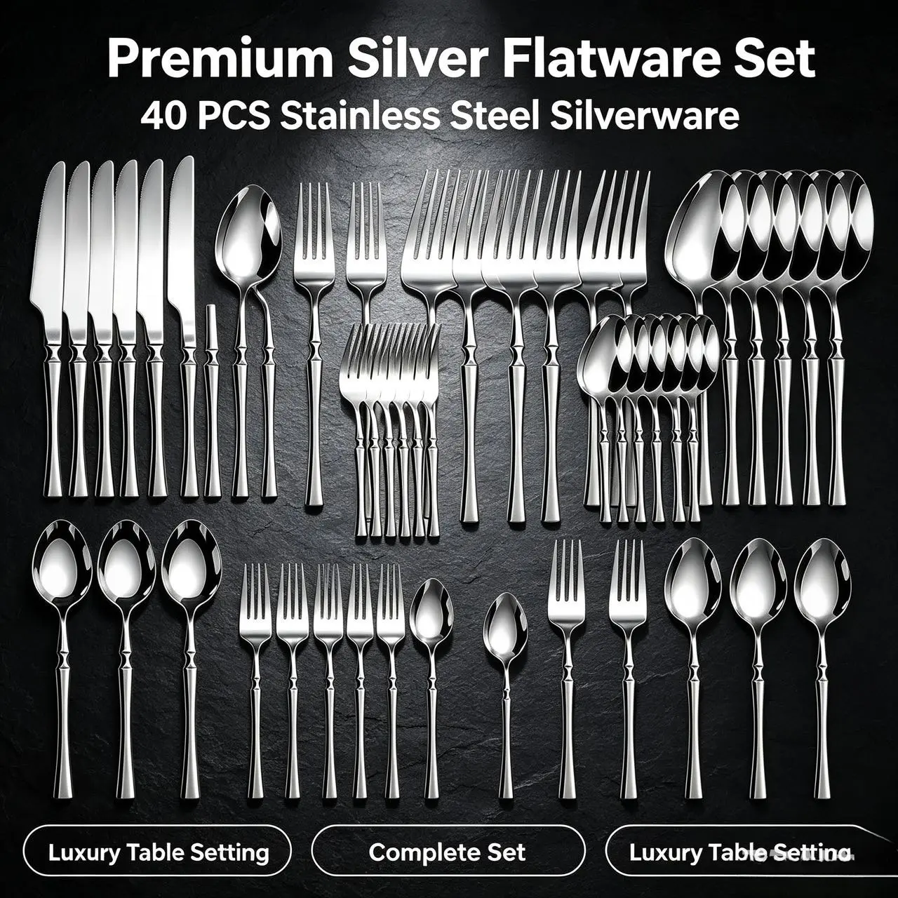 40 Pieces Silver Stainless Steel Flatware Set, Complete Mirror Polished Silverware Utensils Set, Dishwasher Safe Table Setting Decor for Family Dinner, Holiday Banquet, Ideal Housewarming & Wedding Gift  3｜（）