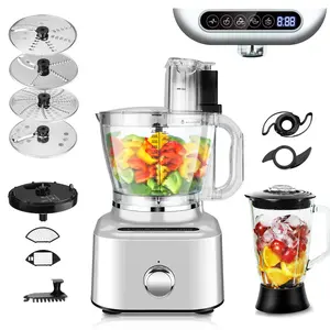 Homtone 16 Cup Food Processor, Aluminum-Diecast Blender and Food Processor Combo, 5 Preset Modes Vegetable Chopper Electric, 8 Blades 11 Functions for Home Use, Stepless Speed Control, 650W, Silver