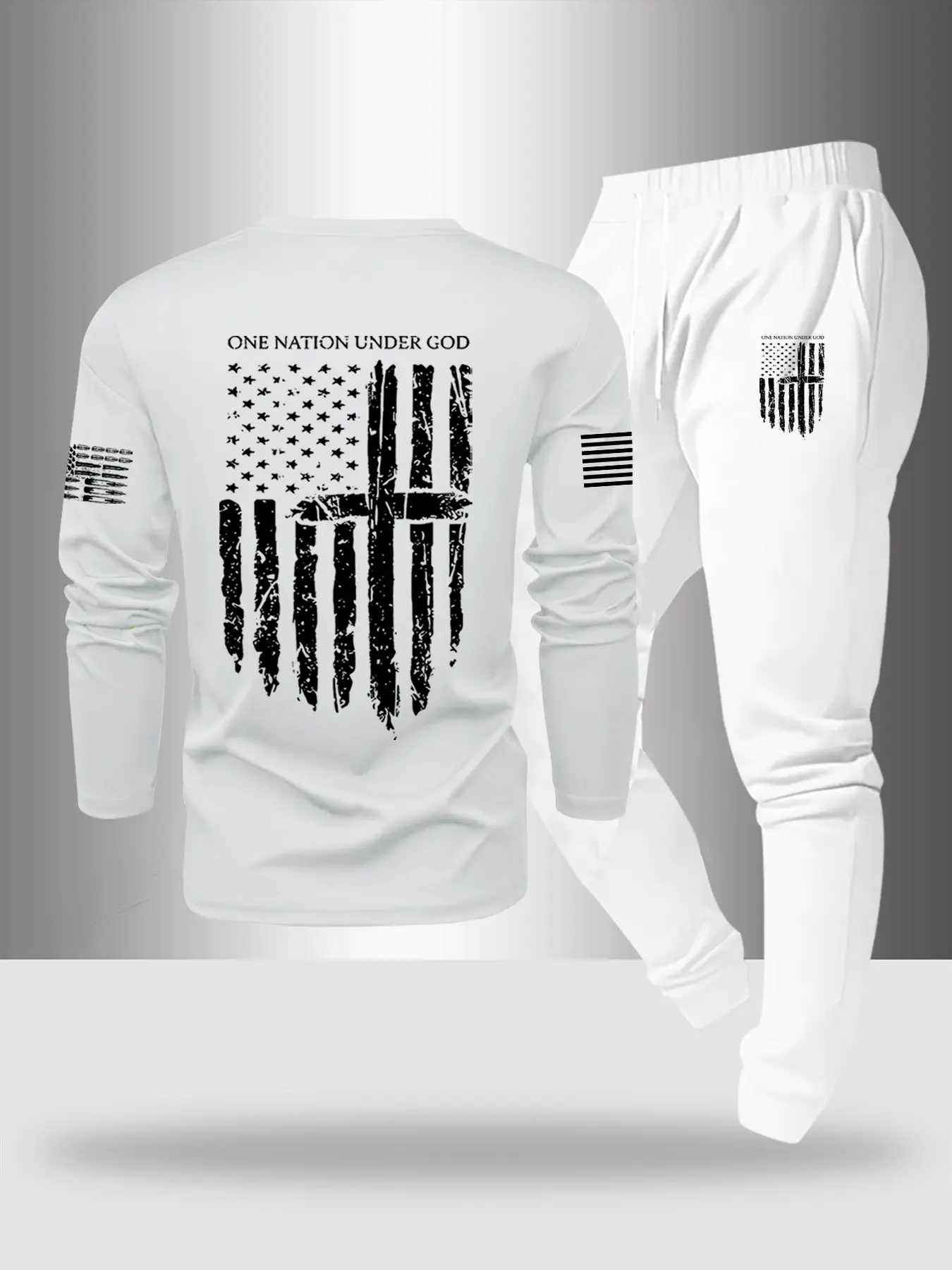 Men's Flag Print Long Sleeve Top and Drawstring Sweatpants Set, Casual Fashion Comfortable Knit Fabric, Two-Piece Set