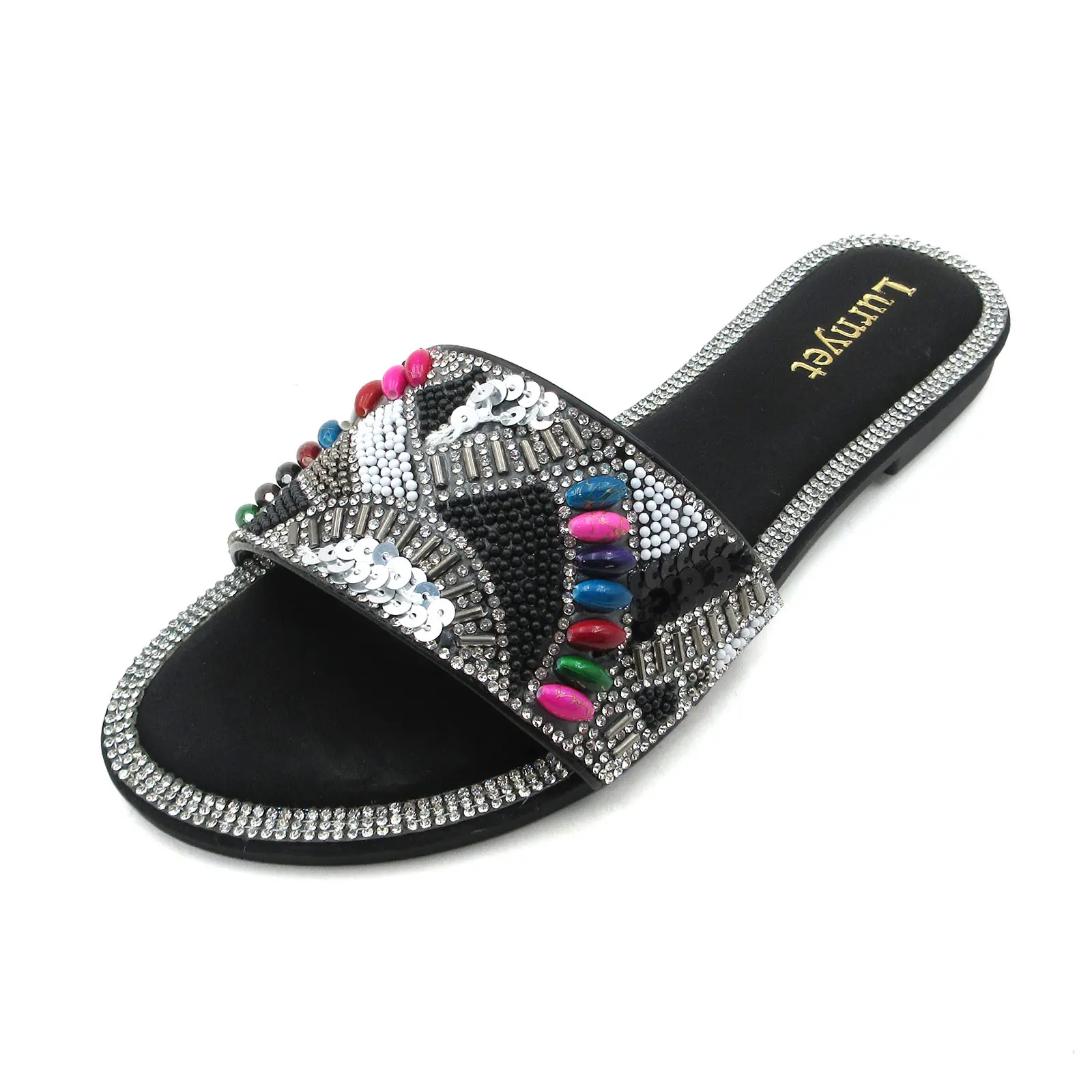 Women's Fashionable Glitter Sandals, Low Wedge Slip-On Design with a Soft Synthetic Sole, Comfortable for Casual Beach & Party Wear, Shoe, Sparkly Sandals, All Seasons, Flat, Glistening Glitter, Indoors, Open Toe