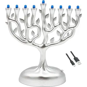 Silver Matte Small Electric Menorah, Tree of Life Design Hanukkah Menorah, LED, Travel, Light It Anywhere! Batteries or USB Powered, Micro USB 4 Inch Cable Included, Measures 6 Inches Tall