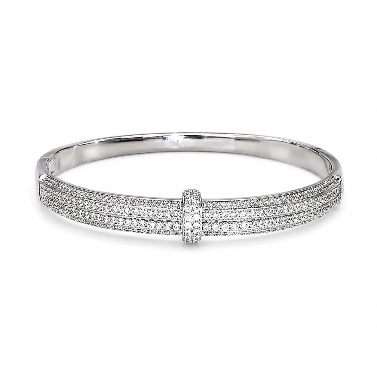 Women's Silver-Tone Multi-Row Bangle Bracelet with Clear Decorative Stones and Center Bar Accent, Alloy Fashion Jewelry