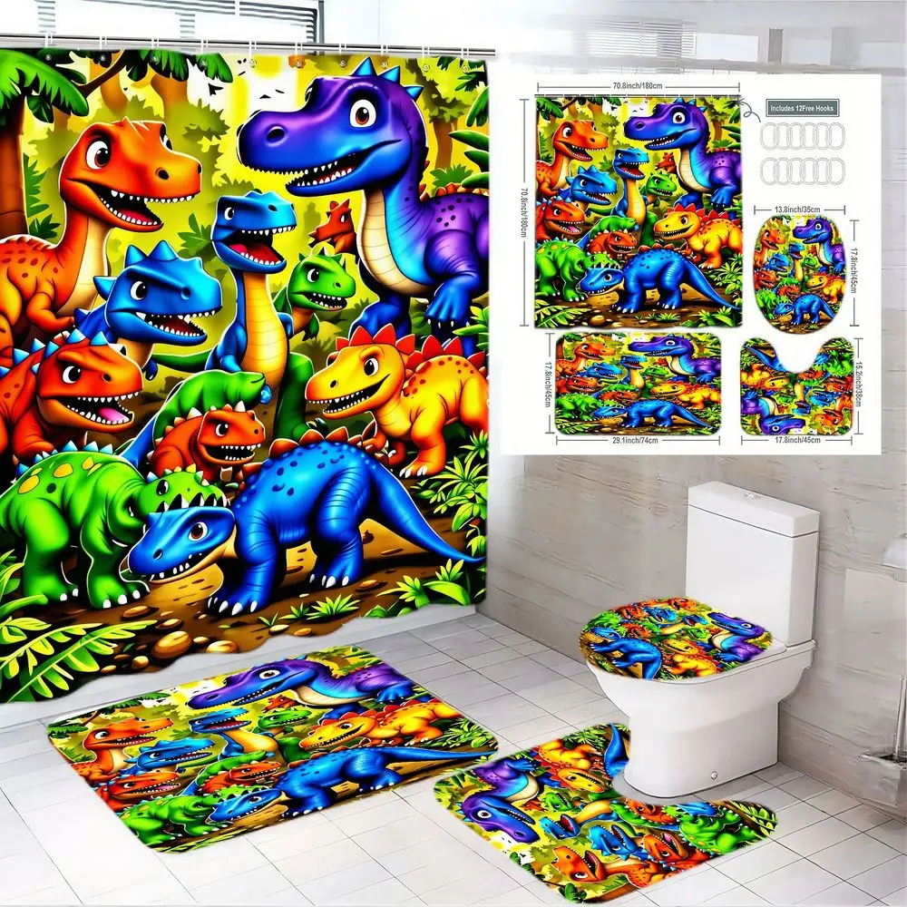1/4pcs Jurassic Dino Bathroom, Restroom Set, Bath Accessories - Colorful Cartoon Dinosaurs Shower Curtain + Toilet Seat Cover + 2 Matching Bath Mats - for Kids Jungle-Themed Bath Decor, Easter, Birthday, Holiday Gift for Dino