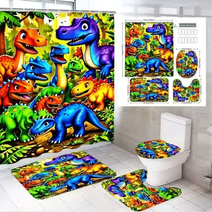 1/4pcs Jurassic Dino Adventure Bathroom, Restroom Set - Colorful Cartoon Dinosaurs (Blue/Purple/Green) Shower Curtain Sets + Toilet Seat Cover + 2 Matching Bath Mats - for Kids Jungle-Themed Bath Decor, Great Easter, Birthday, Holiday Gift for Dino