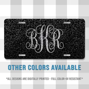 Black Glitter Monogram Printed Aluminum License Plate | Custom Plate Aluminum License Plate, Custom License Plate, Personalized Vanity Tag, Blank Aluminum Plate, 12×6 License Plate, US Standard Car Plate, Front License Plate 4 Pre-Drilled Holes